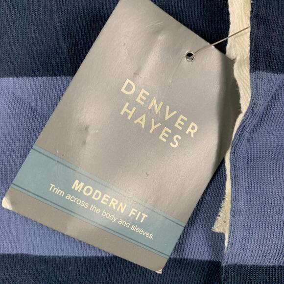 NWT Denver Hayes Mens Size L Navy Blue Striped Long Sleeve Polo Shirt Modern Fit - Picture 5 of 10